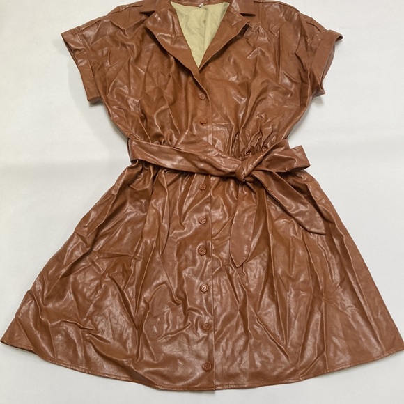 Brown Leatherette Belted Dress - Picture 3 of 5